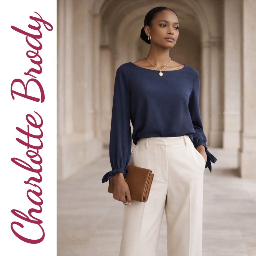 NWT CHARLOTTE BRODY‎ Navy Blue Tie Sleeve Blouse Quiet Luxury Minimalist, Small